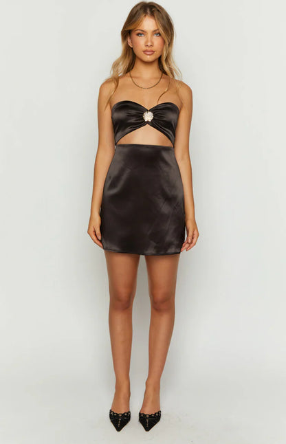 Shore Side Black Satin Strapless Mini Dress